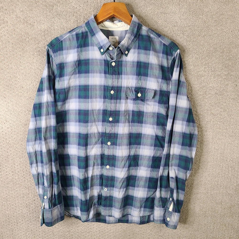 Gap Shirt Mens Large Blue Green Plaid Button Down Cotton Long Sleeve Casual